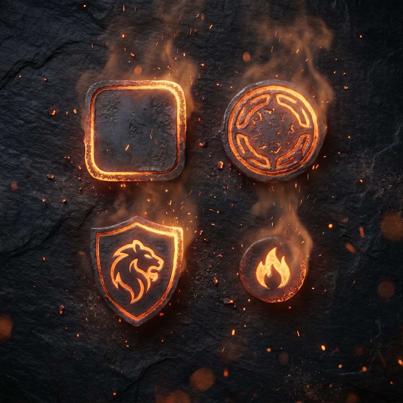 A forged set of brand emblems — app icon, badge, shield and mark